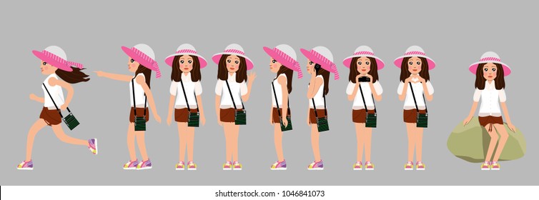 a set of girls in a hat with a bow, a transparent shirt, orange shorts and yellow sneakers with a pink pattern in different poses. The girl is standing in front, sideways, running, sitting on a stone