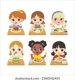 Set of Girls having delicious food.  Children having meal and lunch.