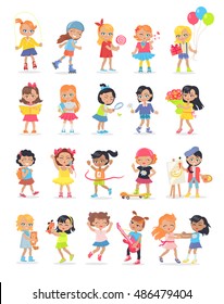 Set of girls having leisure time. School girls during break. Group of kids having fun together. Young ladies at the playground, going in for sport, drawing, playing, walking. Daily activities. Vector