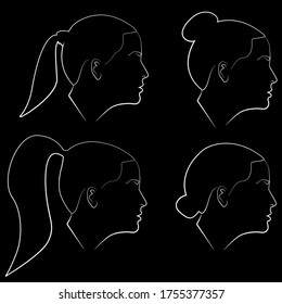 Set of girls head linear silhouettes. Woman. Linear illustrations of a girl's head. Female silhouette. Women's hairstyles