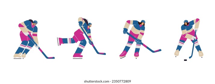 Juego de jugadores de hockey de niñas en diferentes poses de estilo plano, ilustración vectorial aislada en fondo blanco. Juego deportivo, carácter activo, colección de elementos de diseño decorativo