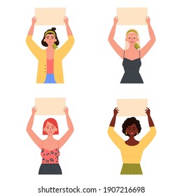 Set of girls holding a blank posters with place for text. A young women holding a bullet leafs in their hands. Teenage girls showing posters. Hand drawn style vector trendy illustration.