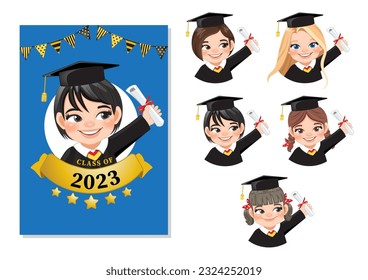 Set of girls holding diploma in academic gown for graduation day, Happy girl cartoon character for graduation day card template vector