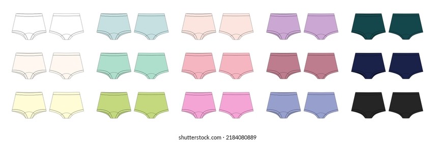 Un conjunto de chicas escruta la ilustración técnica del sketch. Colección de calzoncillos para niños. Pentados casuales aislados de plantilla. Vistas frontal y posterior. Diseño CAD vectorial