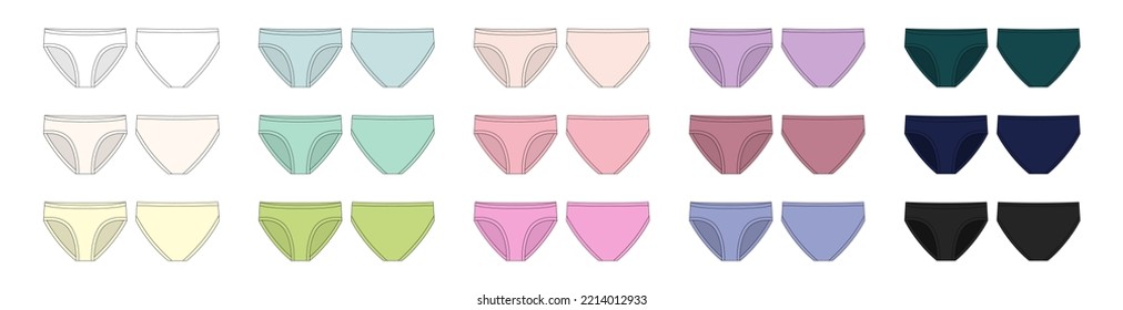 Un conjunto de chicas escruta la ilustración técnica del sketch. Colección de calzoncillos para niños. Pentados casuales aislados de plantilla. Vistas frontal y posterior. Diseño CAD vectorial