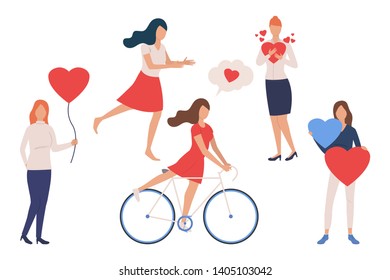 Set of girls in love. Young women holding heart, carrying air balloon, riding bike. People concept. Vector illustration can be used for topics like dating or Valentines day