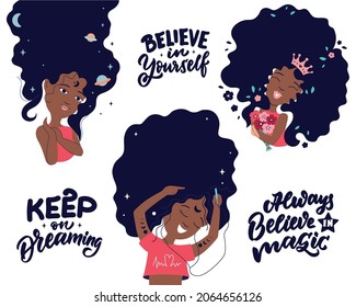 The set of girls with magic quotes. The collection woman's and lettering phrases. Vector illustration