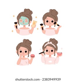 Set of girls. Girls make a mask, take care of themselves. Vector illustration in cartoon style of a girl who does her makeup. The girl is putting on makeup. Personal care. Self love