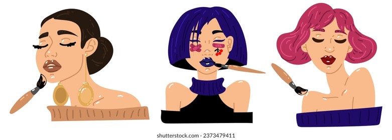 A set of girls at the makeup artist. Brushes apply makeup. Conceptual illustration in cartoon style. Natural, natural beauty. Skin care, preparation for the event. Decorative cosmetics