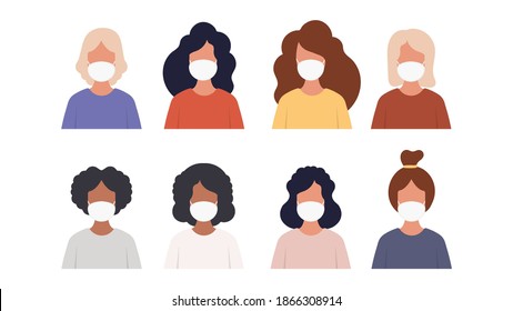 Set of girls in masks. Protection against viruses, bacteria, smog, gas emissions and urban air pollution. Vector.