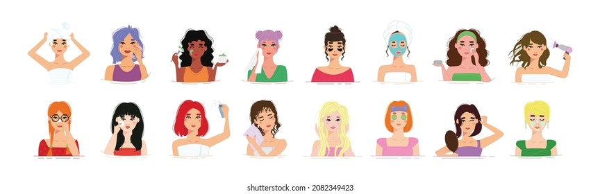 Set of girls performing self-care procedures. Vector illustrations for the beauty industry.