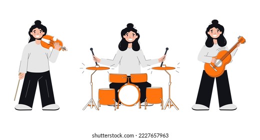 A set of girls playing musical instruments. Playing the violin, drums, guitar. Notes. Vector stock illustration