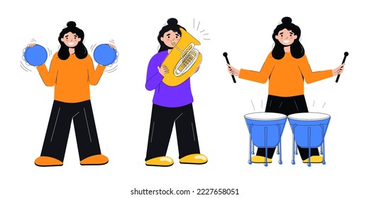 A set of girls playing musical instruments. Playing the tuba, drums, tambourine. Notes. Vector stock illustration. isolated