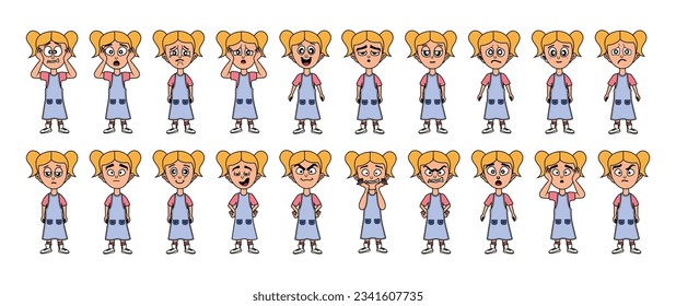 Set of girls with ponytails with different emotions and facial expressions. Vector stock illustration. cartoon style. isolated. flat character