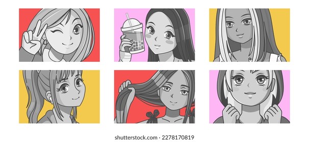 Set of girls portraits in manga style. Japanese cartoon comic concept.
