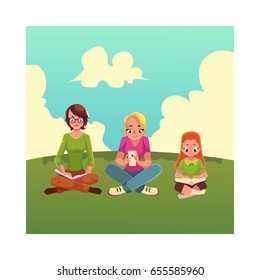 Set of girls reading books and using mobile phone on the grass, cartoon vector illustration isolated on white background. Little, adult girls reading books and using smartphone, mobile phone sitting