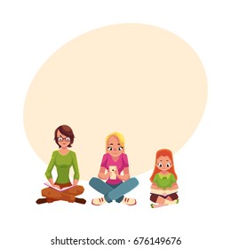 Set of girls reading books and using mobile phone, cartoon vector illustration with space for text. Little, adult girls reading books and using smartphone, mobile phone sitting legs crossed