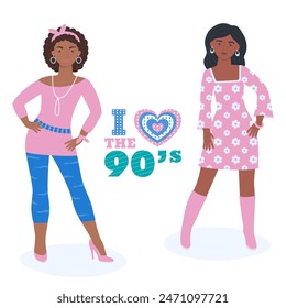 A set of girls in retro style. 90 characters. y2k characters. Fashion of the 90s. Vector illustration on a white background. 