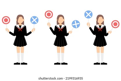 Set of girls in sailor school uniforms answering a question with a Marubatsu stick