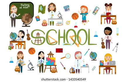 A set of girls at school. Student in different lessons: science, history, sports, art, maths, English, information technology, music. Conducting experiments. Cute Vector Illustration