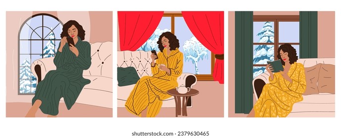 Set of girls are sitting on the sofa near the window with an winter view. Snow season. Hygge concept. Cozy autumn days