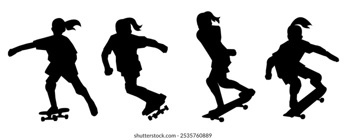 Set of girls skateboarding silhouettes, Isolated white background. Vector illustration.