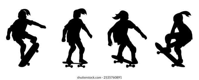 Set of girls skateboarding silhouettes, Isolated white background. Vector illustration.