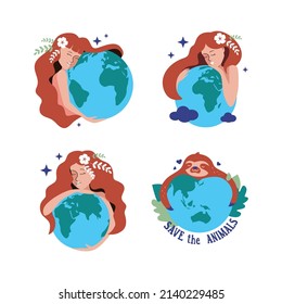 The set of girls and sloth hugging planet stickers, logo designs, badges. The cartoon people and animal with lettering slogan for Earth day. The collection vector illustration.
