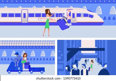 A set of girls at the station goes on a journey, hurries and throws suitcases on the train