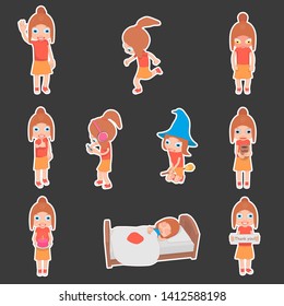 Set of girls stickers. Cartoon characters with different facial. 