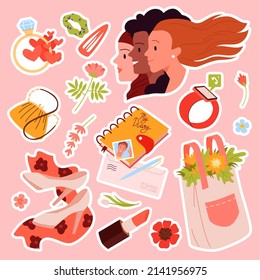 Set of girls stickers with fashion daily stuff. Woman care things, daily activities and interests, luxury accessories, cool female gifts, cosmetics and makeup tools cartoon vector illustration