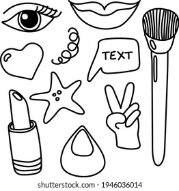 Set of girls stuff including symbols of lips, heart, brush,
victory, sponge, etc.