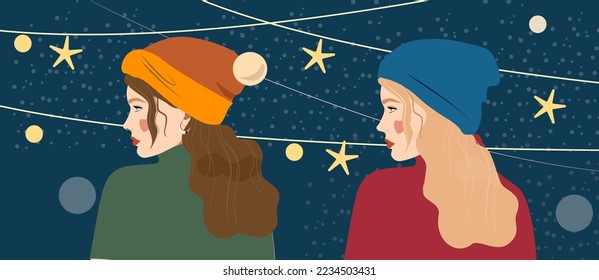 Un conjunto de chicas con ropa elegante y cálida. Mujeres en el fondo de la decoración de Año Nuevo en un sombrero y un jersey. Estilo navideño de invierno. Cómoda ropa de abrigo para el invierno. Garlands of stars