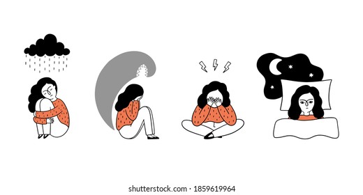 Un conjunto de niñas que sufren de todo tipo de trastornos psicológicos como depresión, insomnio, estrés, fobia. Ilustración de vectores dibujada a mano aislada en fondo blanco.