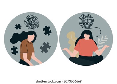 Conjunto de niñas que sufren depresión y con una salud mental estable. С concepto de cuidado y tratamiento del bienestar mental. Mujeres con problemas psicológicos y estabilidad emocional. Ilustración del vector