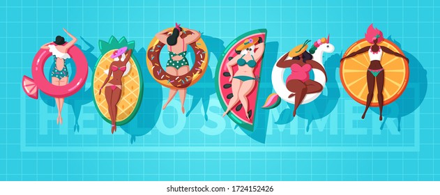 Conjunto de chicas tomando el sol en la piscina con varias juntas hinchables vista superior. Guapo mujer caliente flotando anillo de goma como unicornio, donut, naranja o sandía en el agua. Afiche del horario de verano del Adiós