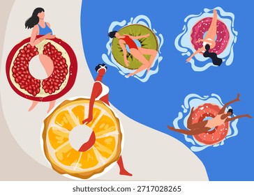 Set of girls sunbathe in pool with various swimming inflatable rings top view. Handsome hot young woman float rubber ring like donut, orange, fruits in water. Hand drawn vector illustration.
