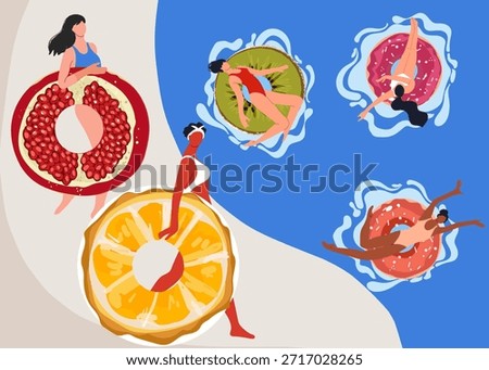 Set of girls sunbathe in pool with various swimming inflatable rings top view. Handsome hot young woman float rubber ring like donut, orange, fruits in water. Hand drawn vector illustration.