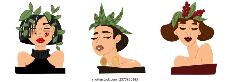 Set of girls takes care of themselves, creates a good mood, positive thinking, thoughts. Woman grows flowering plants in her head. Concept of wellness mental health therapy Thoughts are an inner state