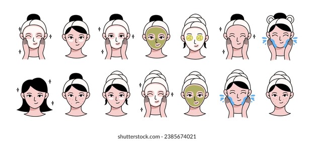 Set, girls taking care of their skin, beauty treatments, on a white background