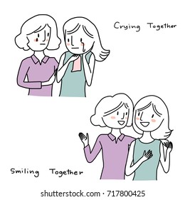 Set of girls talk concept. Happy women talking and smiling to each other. Woman trying to comfort her friend who is crying. Vector illustration with hand-drawn style.