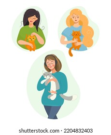 A set of girls with their cats. The girl hugs, caresses, plays with a cat. Cat lovers hold their pets in their arms. Vector flat illustration. Design for banner, postcard, poster, brochure.