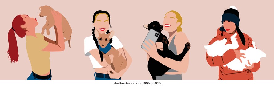 Set of girls with their dogs. Girl hugging, petting, playing, and take a photo with a dog. Dog lovers. Spaniel, Beagle, Shepherd, and Samoyed Dog.