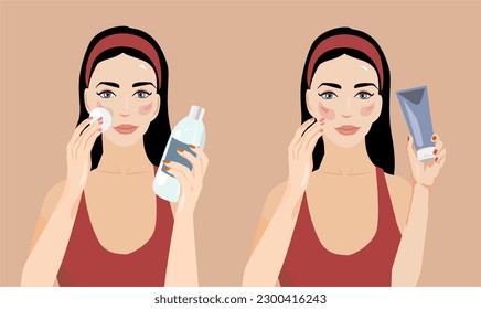 Un grupo de chicas con una toalla en la cabeza. Las mujeres realizan un procedimiento de atención facial. Lavarse, aplicar máscaras a la cara, usar un producto cosmético. Cuidado de la piel facial en verano o invierno. Toneladas 