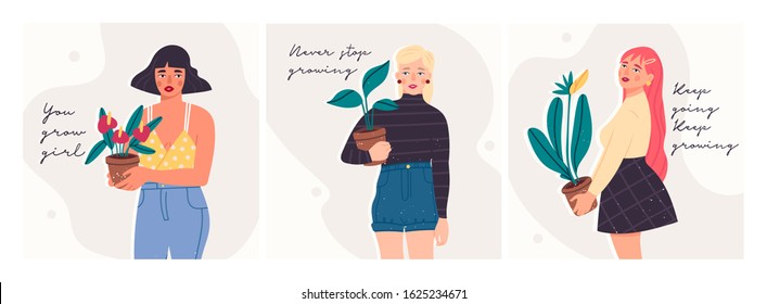 Set of Girls in trendy clothes holding a potted plant. Motivational quotes. Modern fashion look. Hand drawn vector trendy illustration. Flat design. Cartoon style. Isolated on a white background