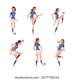 Set of girls in uniform playing soccer. Teenage soccer players running and kicking ball cartoon vector illustration