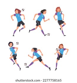 Set of girls in uniform playing soccer or football. Teenage girls soccer players running and kicking ball cartoon vector illustration