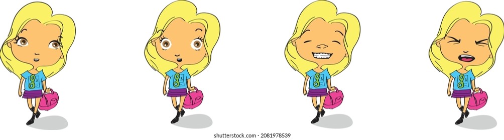 Set girls with a variety of emotions. girl with different facial expressions. Avatars with neutral, joy, surprise, shock, anger and sad emotions. Girl cartoon style, vector graphic