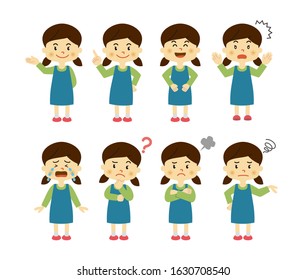 Set of girls with various emotions. Vector data on white background.