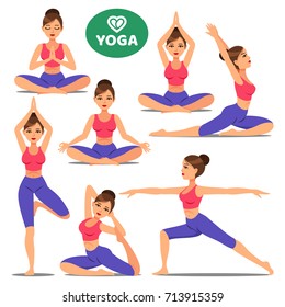 Set of girls in various poses of yoga. Woman yoga poses training. Different exercise. Vector illustration